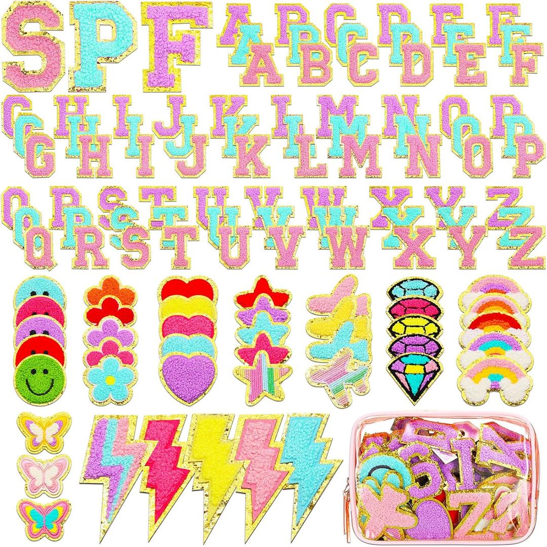 Yilloog 120 Pcs Chenille Letter Patches Iron on Patches Embroidered Hat Patches Include 78 Letter Patches 42 Star Heart Flower for Jacket Clothing Jeans Christmas DIY(Pink, Purple, Blue)