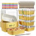 LNYZQUS 50 Pack 1.5lb Small Foil Pans with Lids, 7” x 5” Individual Baking Tins Leftover Containers,24oz Aluminum To Go Baked Food Containers Large Loaf Cake Pans Take Out Holders-Gold