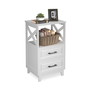 White Nightstand, Tall Bedside Table, Farmhouse Side Table with Storage Drawers and Open Shelf, Wooden Rustic End Table Cabinet for Bedroom, Home Office, White