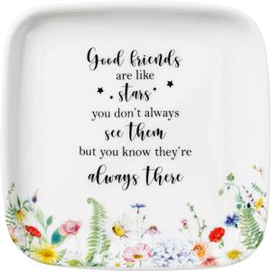 Crisky Jewelry Trinket Tray Ceramic Ring Dishes for Women, Best Female Friend, Sister, Mom Birthday Gifts for Earrings Necklaces Keys, Floral Design, Square, 4.5"