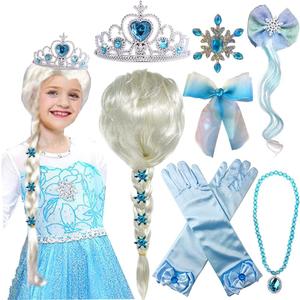 Princess Wig Braid with Tiara Necklace Gloves Princess Dress Up Costume Cosplay Accessories for Kids Girls
