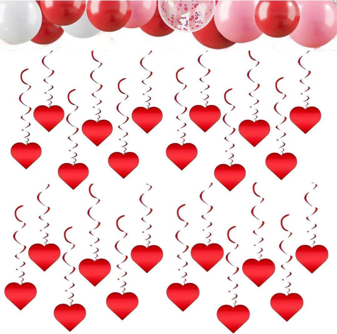 Heart-Shaped Hanging Streamers, 24-Pack - Red Foil Ceiling Decor for Valentine's Day, Wedding & Party, Create Romantic Swirls & Heart Decorations