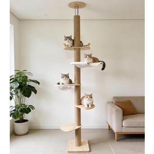 Floor to Ceiling Cat Trees Tower with Sisal Rope Scratching Post, Adjustable Height 82-117 inch, 5 Tier Cat Climbing Tree for Indoor Cats Large Adult, Modern Tall Cat Activity Tree(Deluxe Style 3)