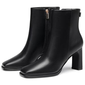 Coutgo Women's Square Toe Ankle Boots Chunky Block Heel Side Zipper Booties Faux Suede Winter Shoes (Black)