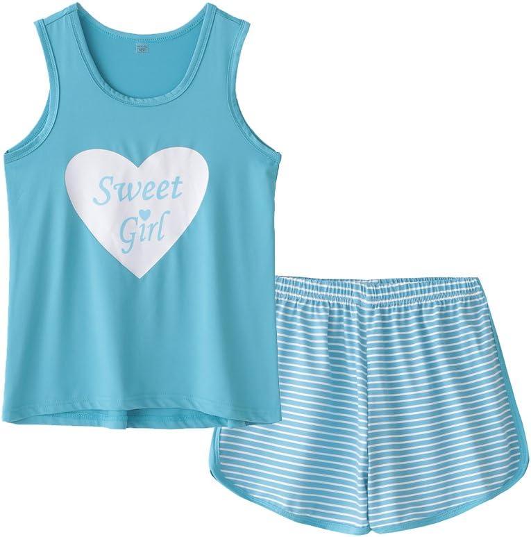 MyFav Big Kids Girls Sleeveless Sleepwears Hearts Shape Striped Pajama Nightgown (Blue)