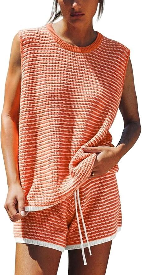 EXLURA Women's Sleeveless Sweater Set 2 Piece Outfits Striped Crewneck Knit Tank Tops and Shorts Summer Sporty Lounge Sets 2XL