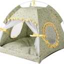 Cat Bed Tents Dog House Indoor Outdoor Lace Mesh Breathable Windows Door Curtains Removable Portable Nest Teepe House (Small,Green&Yellow)