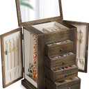 Emfogo Jewelry Box for Women, 5 Layer Large Wood Jewelry Boxes & Organizers for Necklaces Earrings Rings Bracelets, Rustic Jewelry Organizer Box with Rattan, Drawers and Mirror(Vintage)