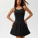 DRESSTELLS Homecoming Cocktail Dresses for Women, Mini Pleated Halter Short Wedding Guest Dress (Black, L)