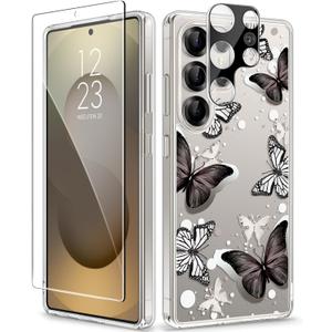 GVIEWIN for Samsung Galaxy S25 Ultra Case, [Screen & Camera Lens Protector][Non Yellowing] Floral Clear Slim Shockproof Protective Women Phone Cover for S25 Ultra 2025 6.9"(Butterfly/Black)
