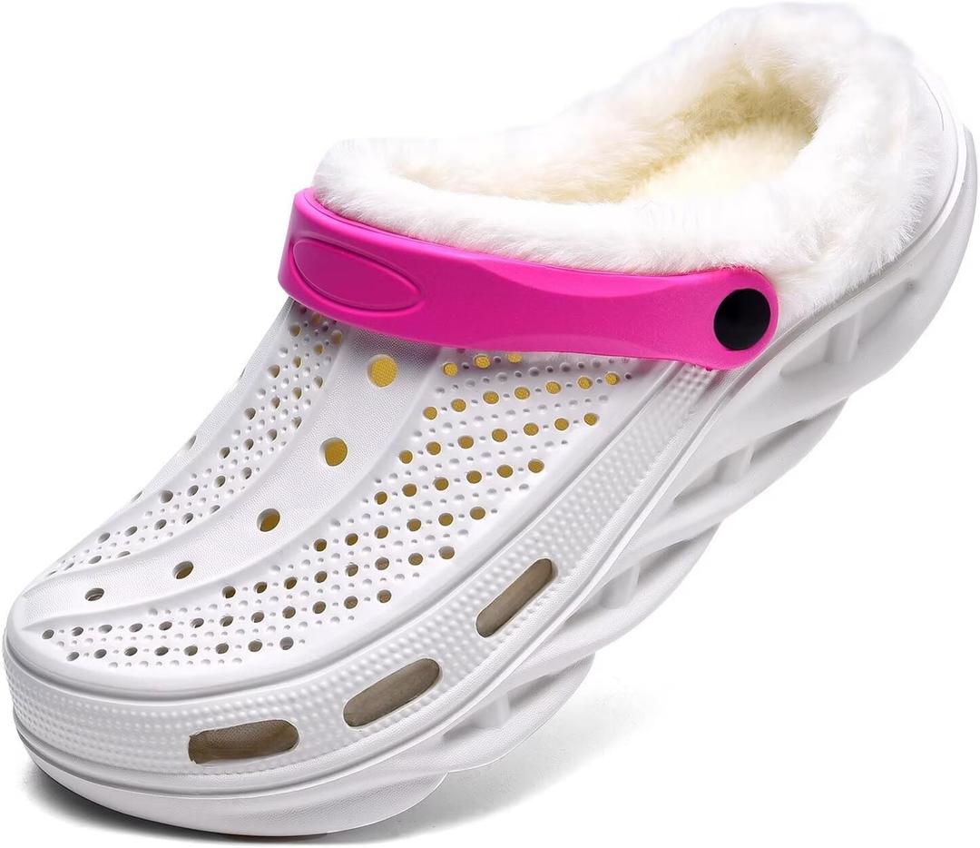 Women's and Men's Fur Lined Clogs Warm Fuzzy Slippers Winter Garden Shoes Slip-on Sandals Indoor Outdoor Slippers Pink, Size 40-41, 260 MM