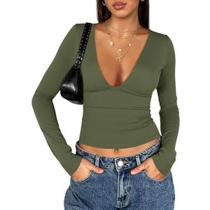 Tankaneo Women's Deep V Neck T Shirts Sexy Long Sleeve Casual Going Out Cropped Tops Slim Fitted Y2K Outfits, S