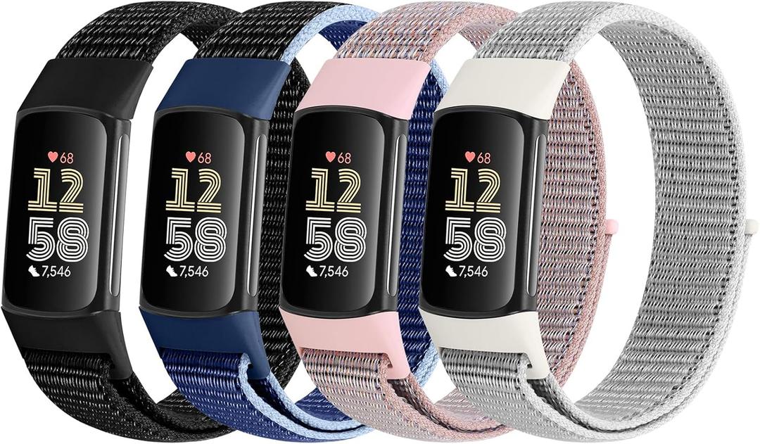 4 Pack Nylon Watch Bands Compatible with Fitbit Charge 6/Fitbit Charge 5, Adjustable Breathable Replacement Nylon Wristband Fitbit Charge 5 Charge 6 Sport Strap for Women Men (Black+New Midnight Blue+Pink Sand+Sea Shell)