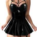 Foxiny Plus Size Curvy Sexy Strappy Leather Underwire Choker Garter Belt Mini Lingerie Dress with Thong 3 Piece Outfits Women Latex Push Up Night Wear Outfits Pu Glossy Black, 6X-Large