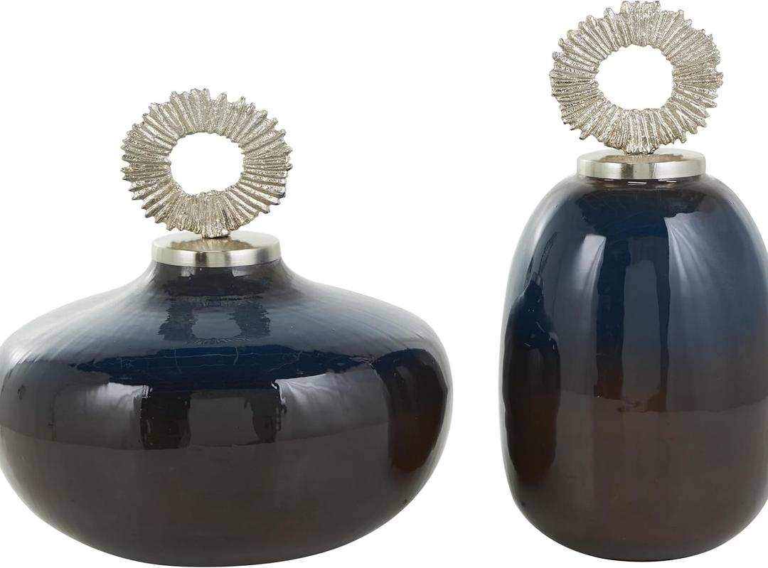 Deco 79 Metal Living Room Decorative Jars Ombre Decorative Container with Brown Accents and Silver Ring Handles, Set of 2 Jar with Lid 11", 13"H, Blue