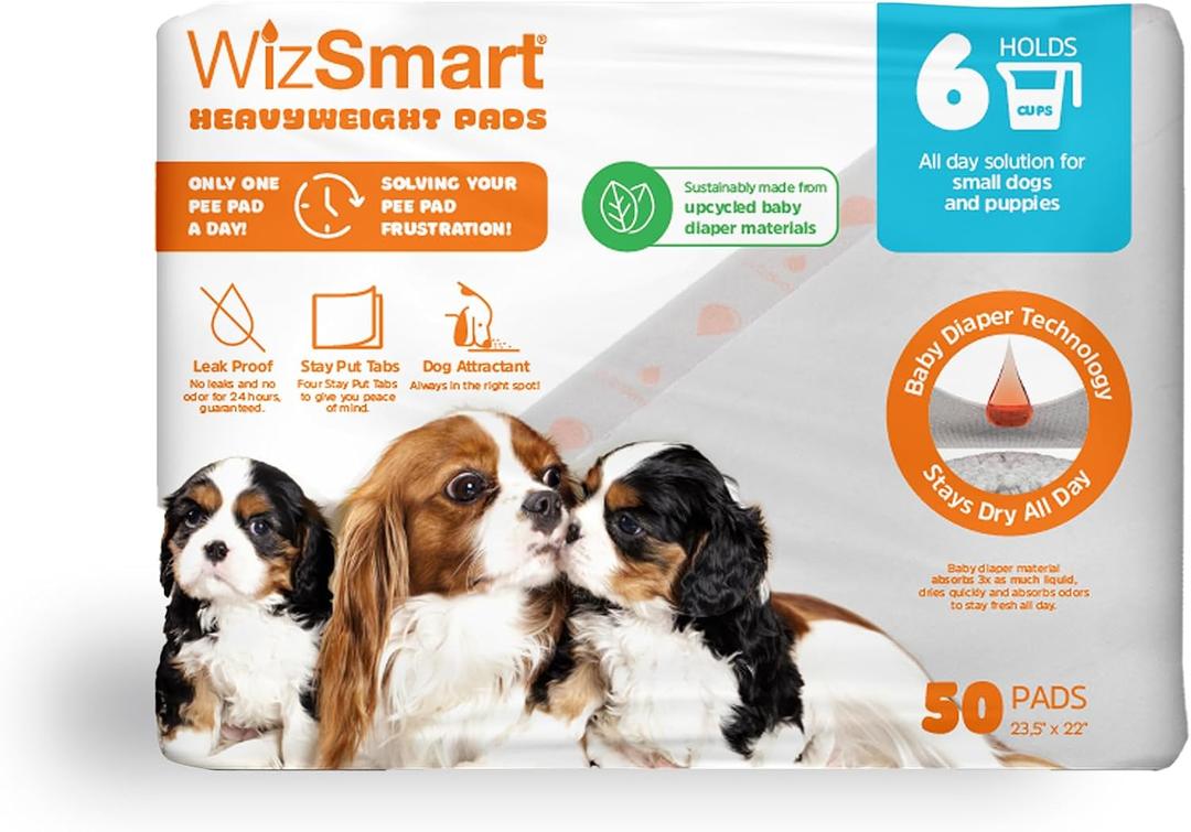 Wizsmart Heavyweight Dog Pads Absorbent, Leak-Proof Pet Training Pads with Stay Put Tabs Indoor & Outdoor Use for Small Dogs, Crates, Travel Eco Friendly Upcycled Materials, 50 Count