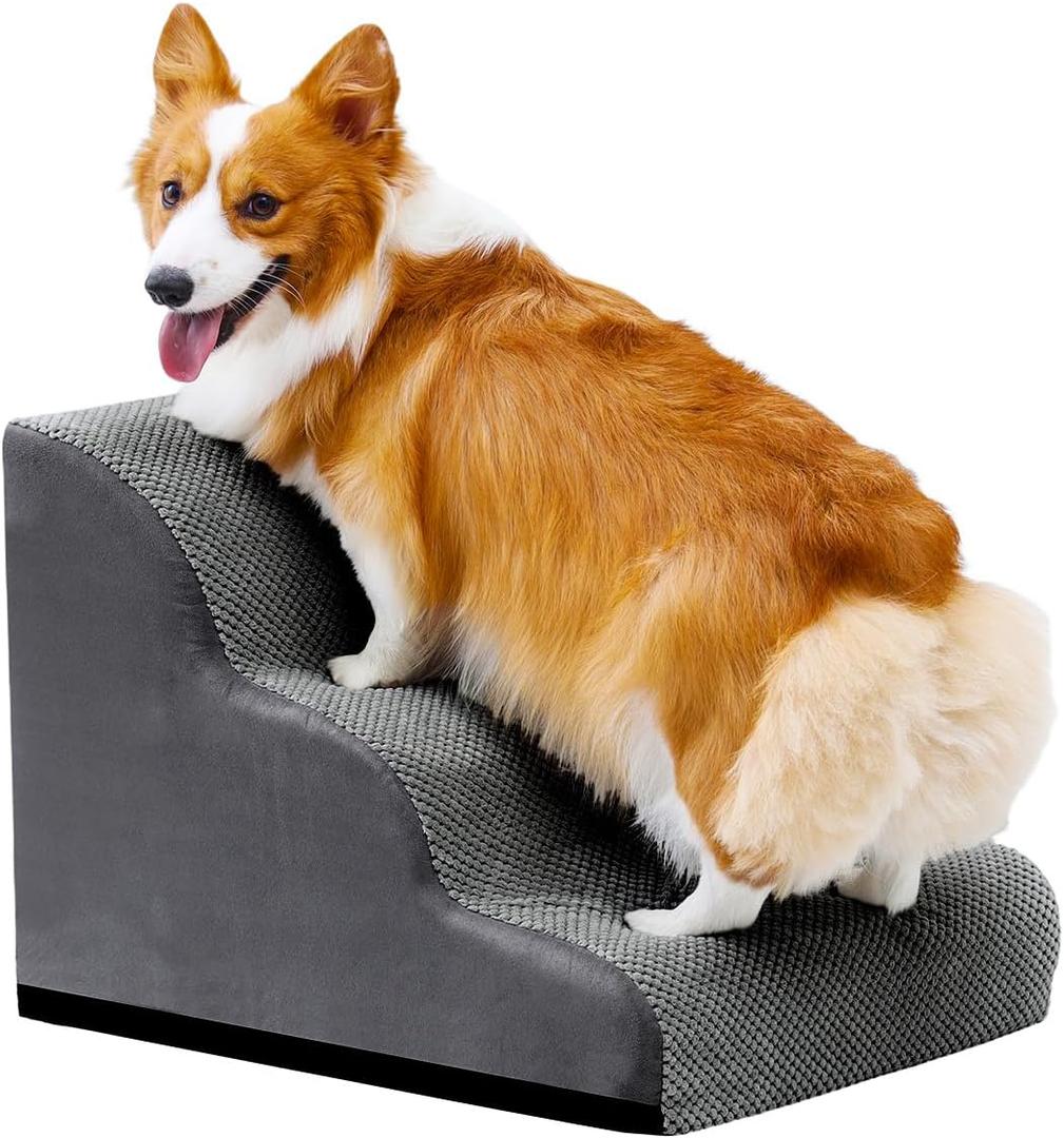 Makigued Dog Stairs for Small Dogs and Cats, 16" H 3 Steps Pet Steps Ramp for High Bed, Couch, Sofa, Waterproof Pet Stairs with Removable Washable Cover, Non-Slip Bottom, Dark Gray (22.8"x15.7"x15.0 H, Grey)