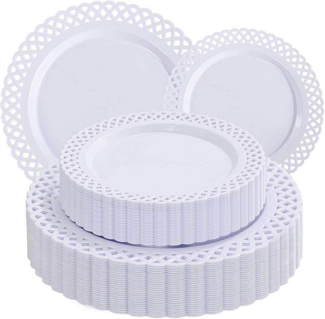 COLOSUS 60Pcs White Plastic Plates, Fancy White Disposable Plates,Nice Scallop plates,Heavy Duty Lace Hollowed Out Plates include 30 Dinner Plate 10 and 30 Salad/Dessert Plate 7.5for Motherz's Day