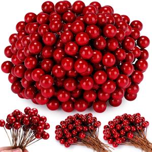 500 Pcs Artificial Holly Berries, Mini 10 mm Christmas Fake Berry with Stem Berry Picks for Xmas Tree Home Decoration Wreath DIY Craft Winter Holiday Party(Burgundy,Pure)