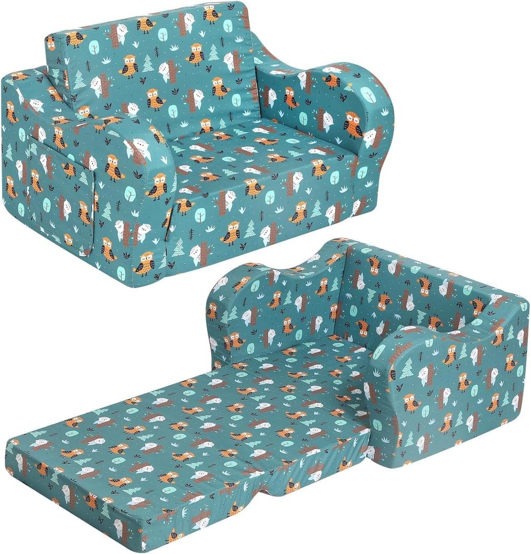 Kids Sofa, 2-in-1 Flip-Out Foam Couch, Foldable Soft Play Lounge Chair, Teal (Happy Owl)