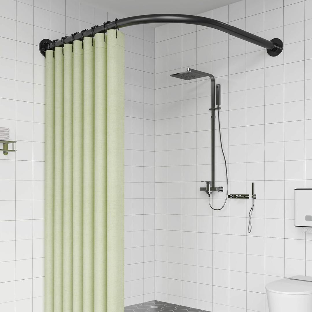 Adjustable Corner Shower Curtain Rod, Stretchable Stainless Steel L Shaped Shower Curtain Rail, Curved Bowed Shower Curtain Pole, Drill Or No Drill, For Bathroo(Size:D 70-95cm X 105-165cm,Color:Black)
