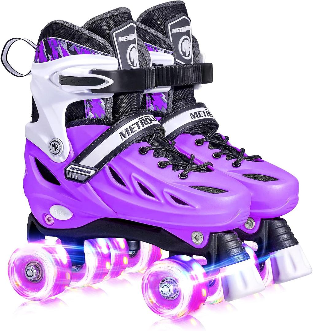 METROLLER Roller Skates for Girls Ages 5-8 8-12 and Boys Teens, Adjustable 4 Sizes for Kids Toddler Rollerskates with Light up Wheels, for Women (Purple, Large-Youth & Adult (4-7 Men/ 5-8 Women))