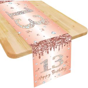 13th Birthday Table Runner for Girls Her Rose Gold Happy 13th Birthday Table Runner 13 Years Old Celebration Party Decorations Non-Slip Dining Table Linen Cover Cloth Decor, 72 Inches Long