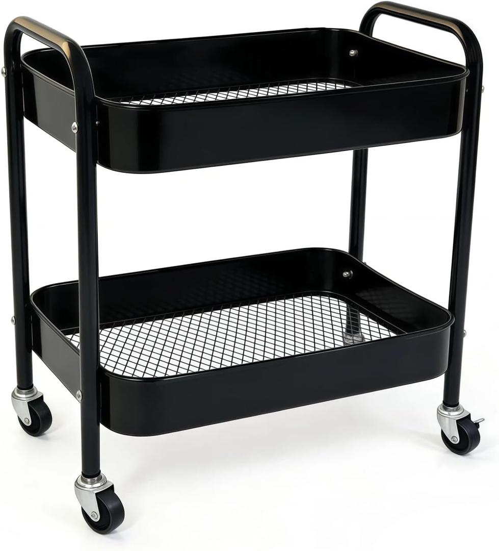2 Tier Metal Rolling Utility Cart with Wheels Under Desk Storage Cart with Handle, Roll Around Organizer Trolley for Small Space Pantry Bathroom Home Kitchen Office Snack Baby Supplies, Black