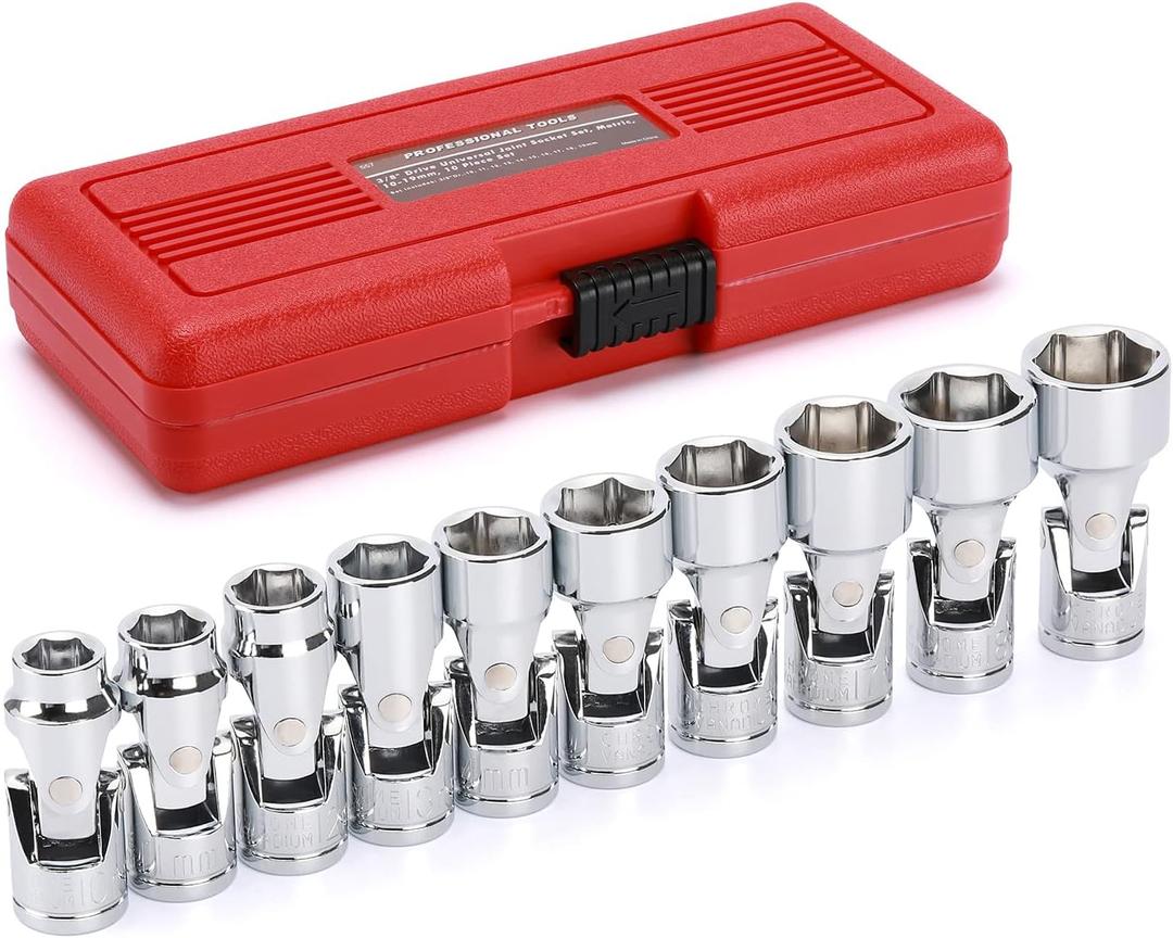 EMENTOL 10PCS 3/8" Drive Universal Joint Socket Set, 6 Point, Metric Universal Flex Socket Set, CR-V, Swivel Head, 10mm - 19mm