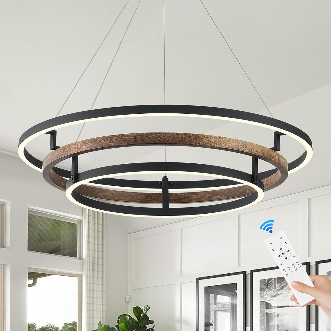 Benkut 3 Rings Modern LED Chandelier Black Dimmable Circular Pendant Light for Dining Room, Foyer Chandelier with Remote Control Flush Mount High Ceiling Light for Kitchen Living Room, D30.7In