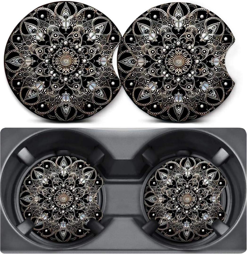 2 Pack Car Coasters for Cup Holders, Mandala Lotus Car Cup Holder Coasters, 2.75" Universal Size Anti Slip Rubber Mat, Car Cup Holder Decal Decor Accessories, Car Accessories Interior for Women Men