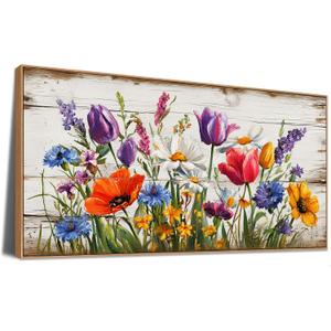 Sorbrozo Floral Wall Art Rustic Wood Background with Tulips Daisies Poppies Colorful Wildflower Canvas Print 24x48in