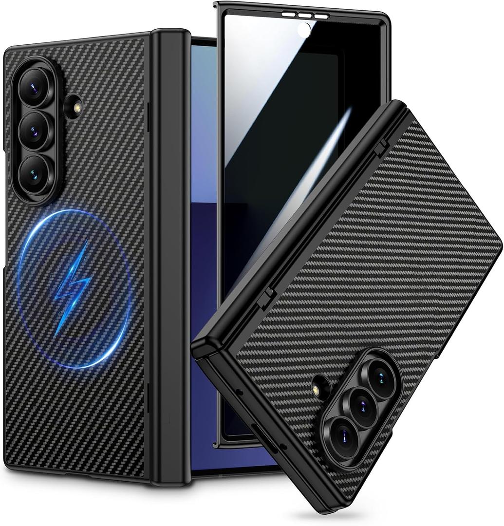 VEGO for Samsung Galaxy Z Fold 7 Case, Compatible with MagSafe A-Black | [Hinge Protection][Privacy Screen Protector] Magnetic Slim Leather Cover for Samsung Galaxy Z Fold7 - Carbon Fiber Black
