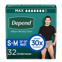Depend Fresh Protection Adult Diapers, Incontinence Underwear for Men, Disposable, Maximum, Small/Medium, Grey, 32 Count