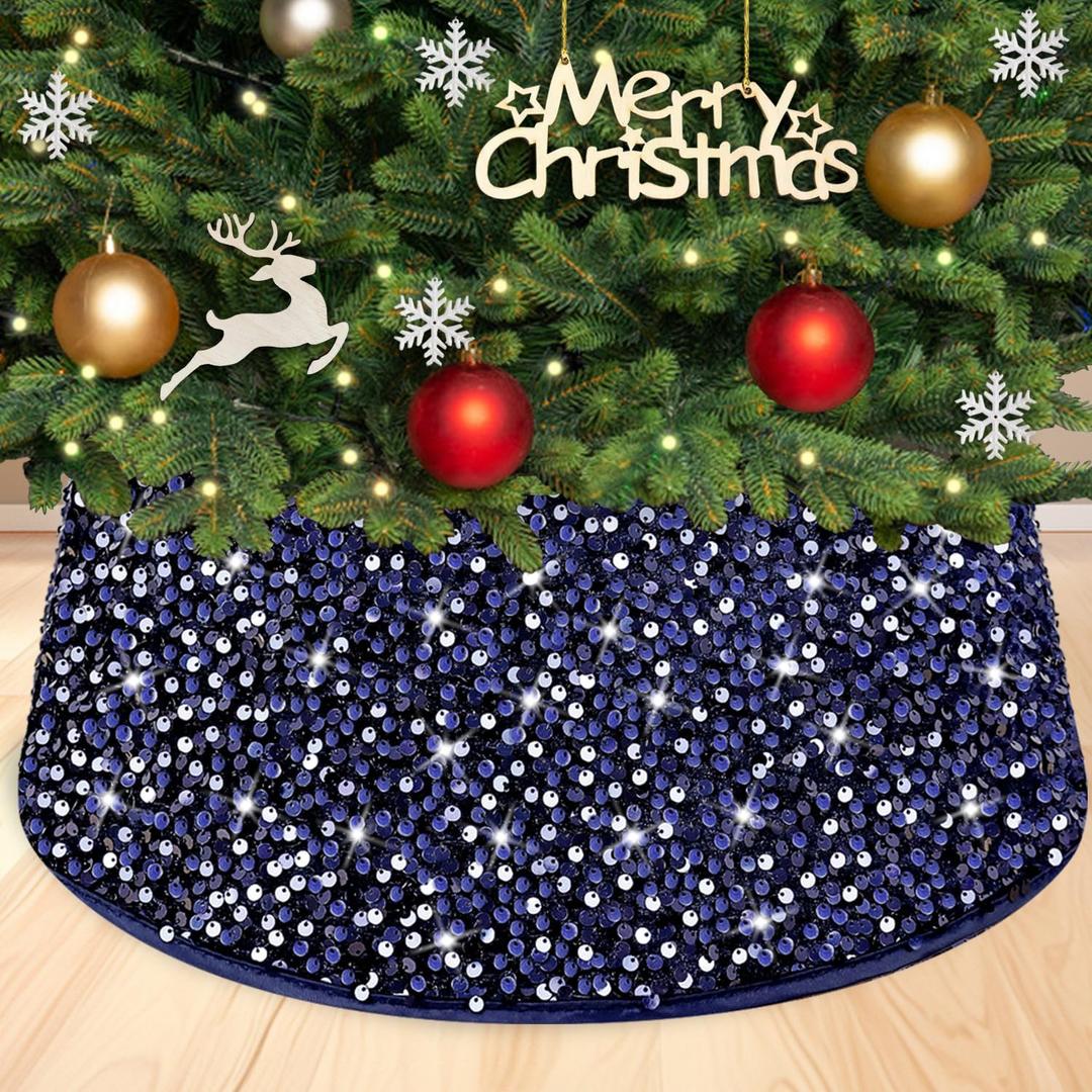 28.3 Inch Christmas Tree Collar Navy Blue Sequin Xmas Tree Collar Large Sparkly Christmas Tree Ring Personalized Tree Stand Collar Christmas Tree Basket Collar for Christmas Eve Party Decor