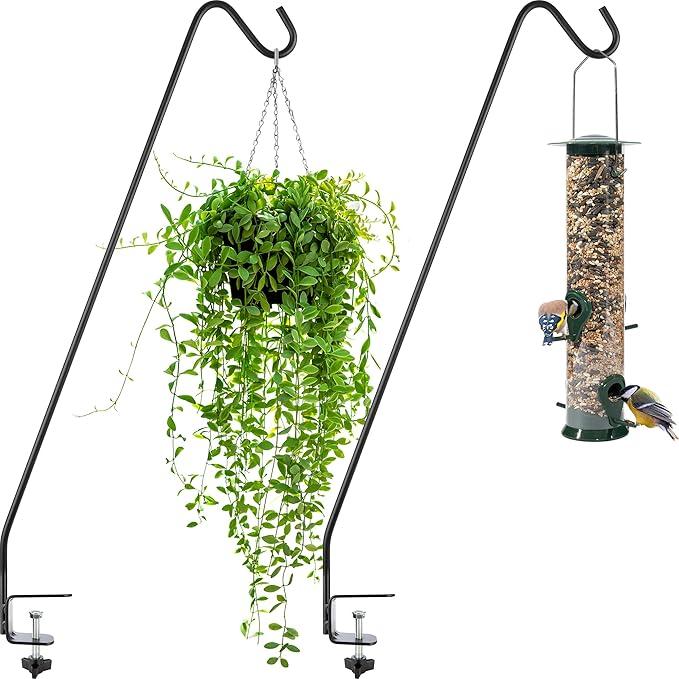 Gray Bunny Deck Hook 2 Pack, 30 Inch Bird Feeder Pole, With Non-Slip Clamp Deck Hanger for Railing, Feeders, Planters, Suet Baskets, Lanterns, Wind Chimes and More