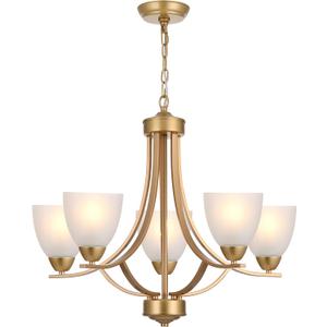Modern Chandelier 5 Light Mid Century Alabaster Glass Classic Hanging Chandeliers in Gold Finish Pendant Light Fixtures for Dining Room