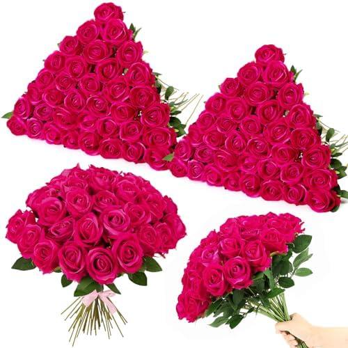 Ovveroche 40 Pcs Roses Artificial Flowers, Silk Hot Pink Artificial Flowers Petals Long Stem Roses for Wedding Bouquet Home Party Decor Ovveroche 40 Pcs Roses Artificial Flowers, Silk Hot Pink Artificial Flowers Petals Long Stem Roses for Wedding Bouquet Home Party Decor