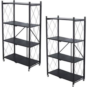 Life Hacks 2pcs 4-Tier Foldable Shelves for Storage, No Assembly Required, Folding Shelf Unit Pantry Shelves with Wheels, Metal Shelving Storage Rack Shelf for Kitchen Garage Home (Black)