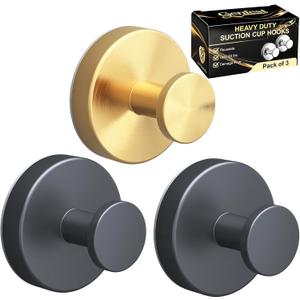 Suction Cup Hooks, Shower Hooks No Drill, Heavy Duty Wall Hooks for Hanging 15lbs, Reusable Waterproof Towel Hooks for Bathrooms Kitchen Glass Door Tile, Stainless Steel Hook Holder 3 Pack