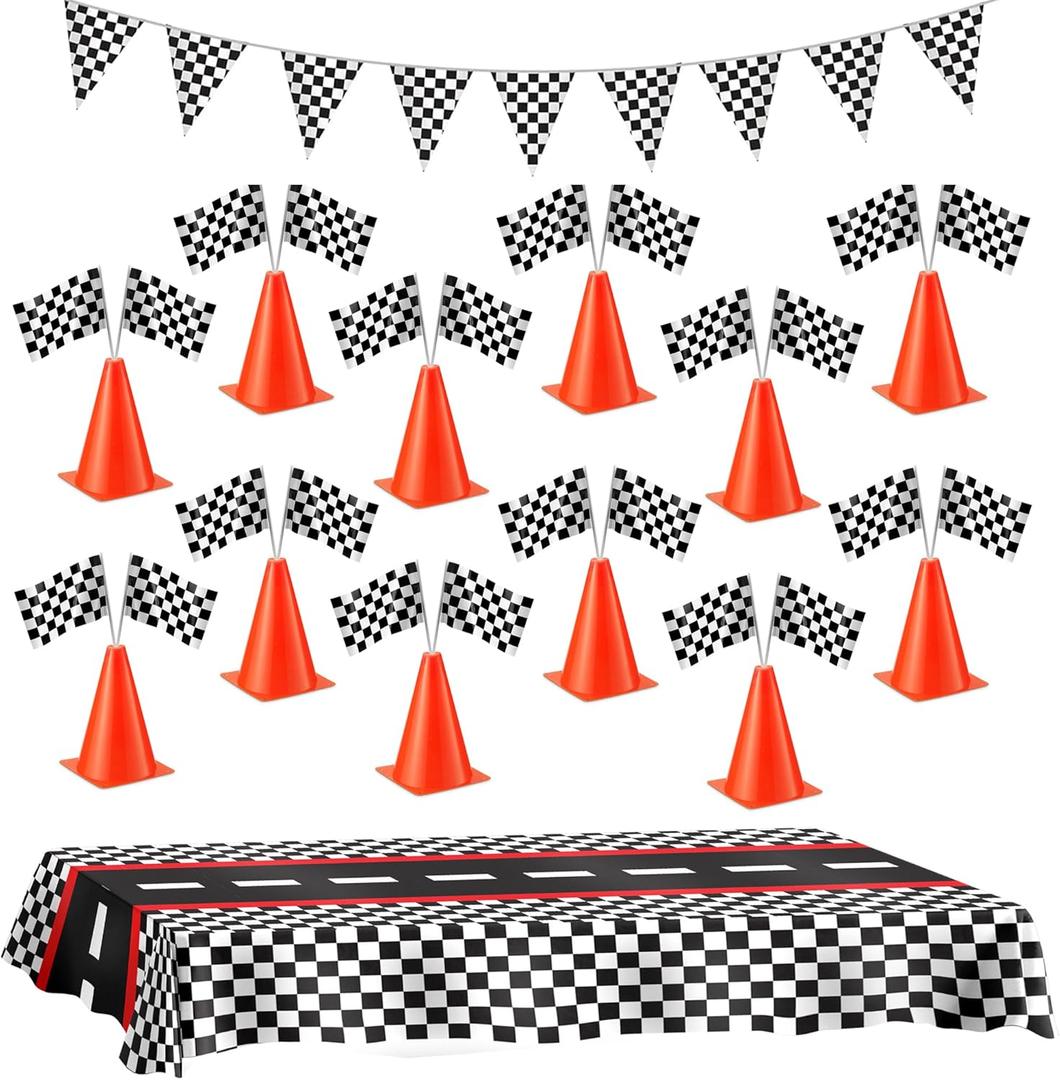 Racing Cars Birthday Decorations - Racecar Centerpiece Decoration Kit for Kids - (12) Orange Traffic Cones, (24) Checkered Flags, Plastic Tablecloth (54"x108") Birthday Banner Race Car Theme (38pcs)