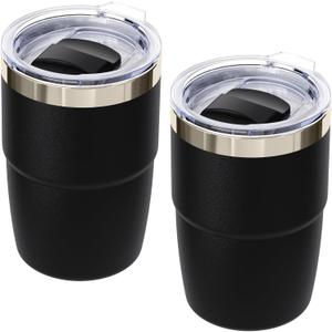 8 oz Small Coffee Cup with Magnetic Lid, Ceramic-Lined 18/8 Stainless Steel, Double-Wall Vacuum Insulated, Stackable, Dishwasher Safe, Mini Tumbler for On-the-Go, 2 Pack, Black