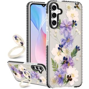 Boaretiu Cute Kawaii for Samsung Galaxy A16 Case with Stand - Fashion Cool 360 Rotate Ring Holder Kickstand Purple Flower for Women Girls Boys Teens Girly for Galaxy A16 Case