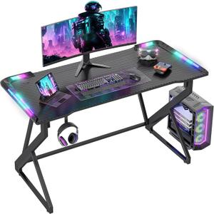 TIQLAB Gaming Desk with LED Lights, 40 Inch Computer Desk Z Shaped Gamer Workstation, Gaming Table with Carbon Fiber Surface, PC Gamer Desk, Black