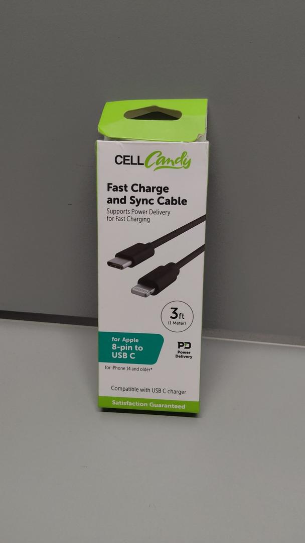 Cell Candy Fast Charge and Sync Cable. For Apple 8-pin to USB C. 3 ft