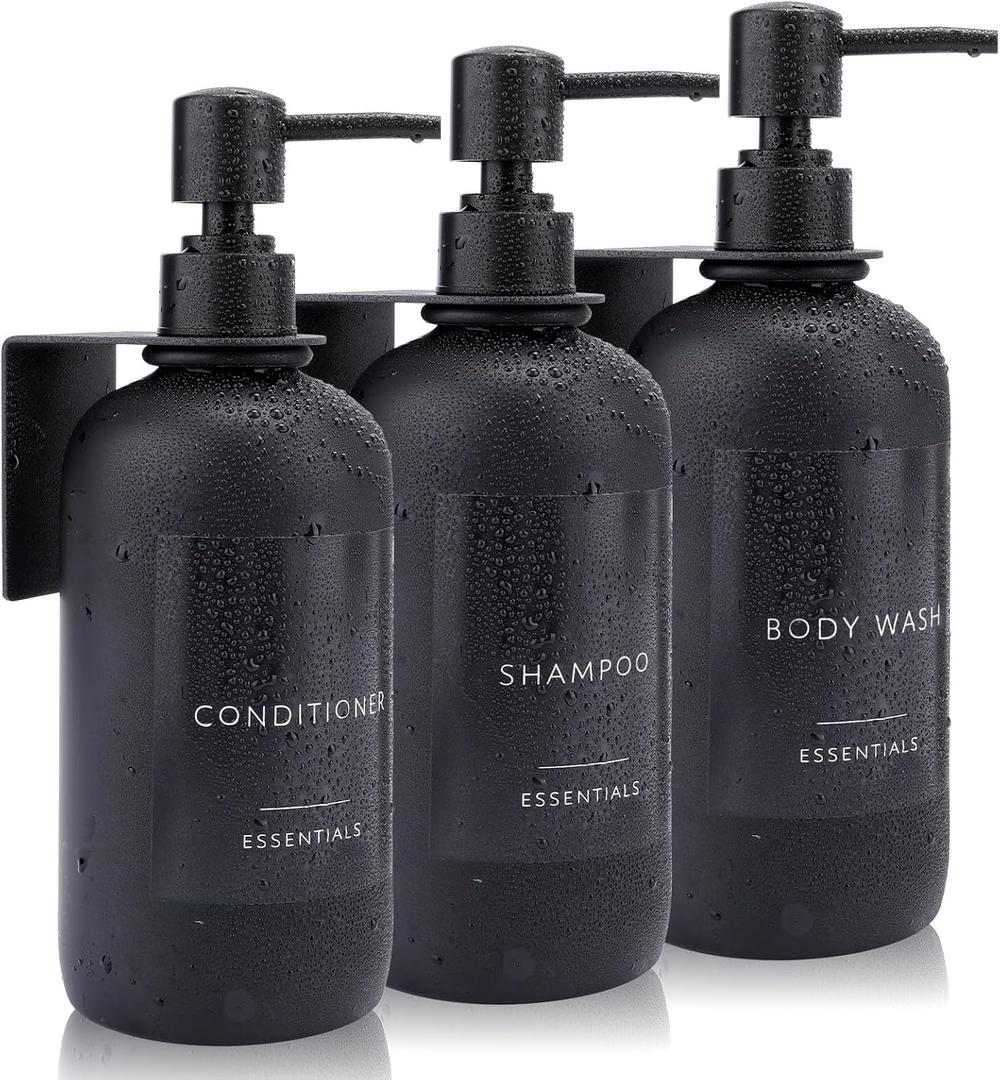 Nellyke Shampoo and Conditioner Dispenser Bottles Set, Shower Soap Dispenser No Drill Wall Mounted, 3 Pack 21 OZ Black Shampoo Bottles with Black Pump for Shower Bathroom Kitchen (7 Fl Oz (Pack of 3))