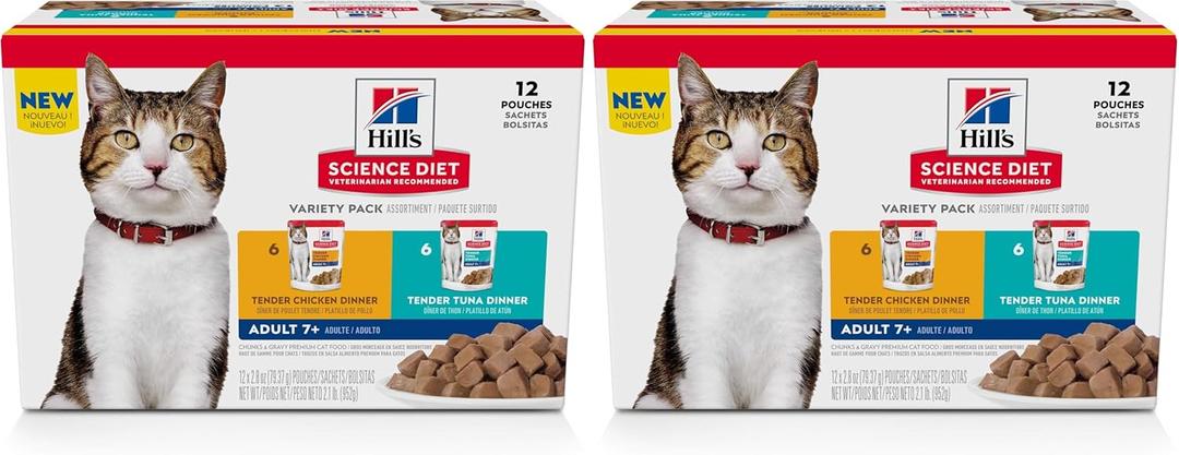 Hill's Science Diet Adult 7+, Senior Adult 7+ Premium Nutrition, Wet Cat Food, Variety Pack: Chicken; Tuna Stew, 2.8 oz Pouch Variety Pack, Case of 12 (Pack of 2)