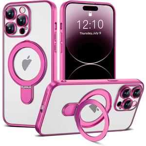Compatible with iPhone 14 Pro Max Case with Magnetic Ring Stand [Compatible with Mag-Safe] [Full Camera Lens Protector] Soft Plating Clear Phone Case for iPhone 14 Pro Max 6.7", Rose