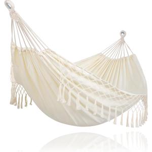 SUNCREAT Portable Camping Hammock for Outside, Heavy Duty 2 Person Hammock Bed for Tree, Beige with Tassels