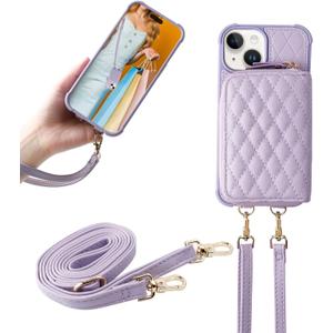 MONASAY Zipper Wallet Case Compatible for iPhone 15,[Glass Screen Protector ][RFID Blocking]Flip Leather Handbag Phone Cover with Card Holder&Detachable Crossbody Shoulder Lanyard Strap, Light purple